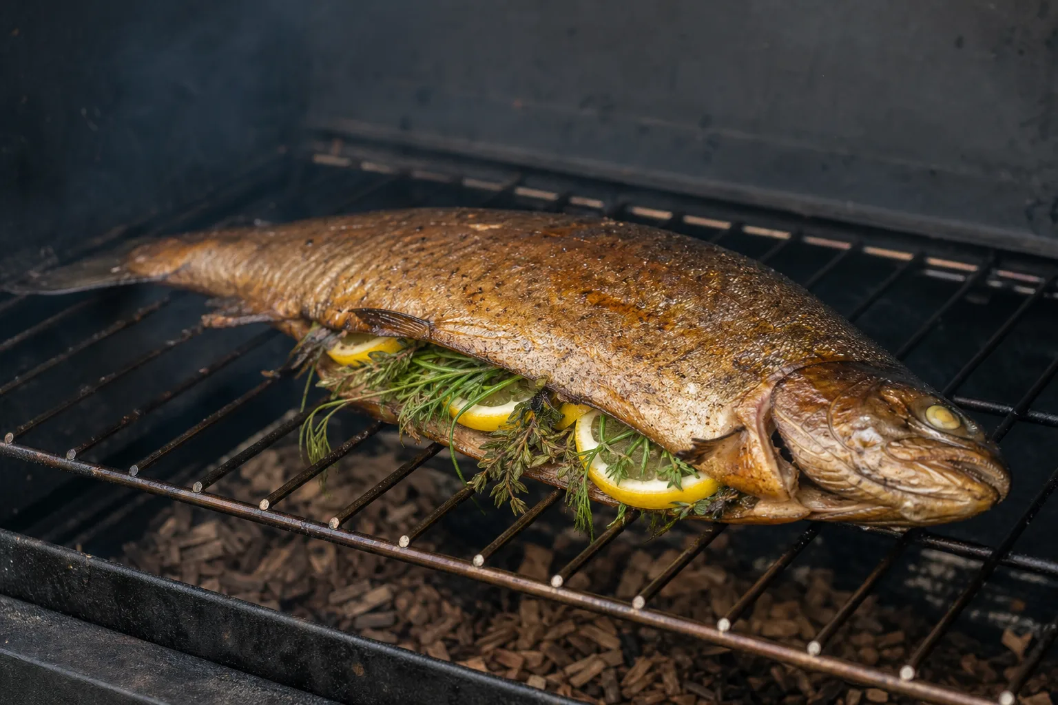 Smoker Forelle mit Kraeuterfuellung und Zitronenscheiben