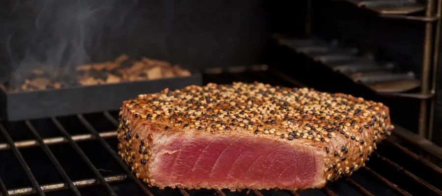 Smoker Thunfischsteak kurz geraeuchert mit Sesamkruste