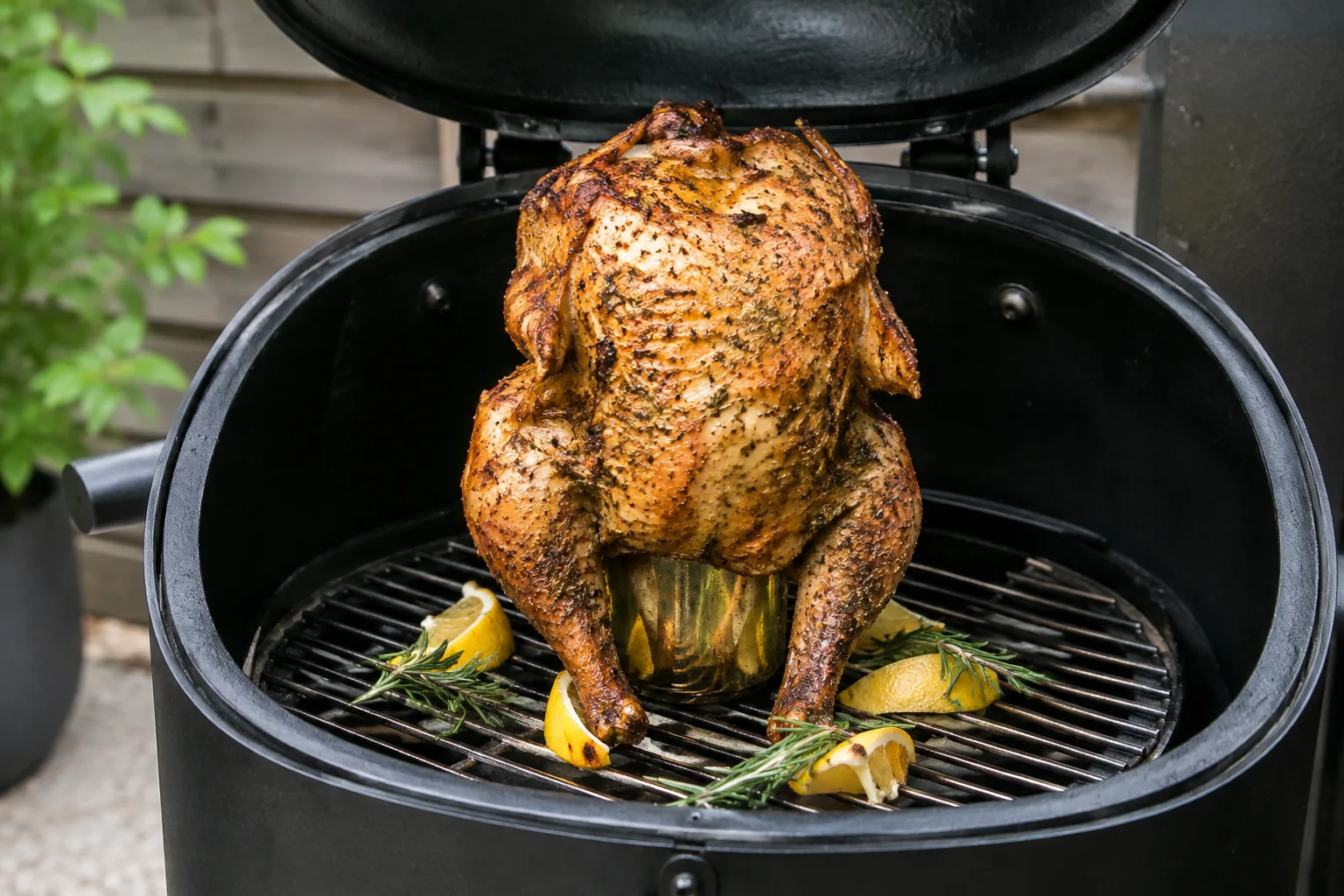 Smoker Beer Can Chicken mit Zitronen und Rosmarin